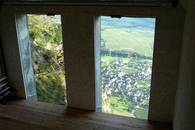 Atelier-f, Cultural Center, Switzerland, Angebauter Tarnrucksack, recycled military shelter, bunker, cable car station, Architecture, Green Materials, locally sourced wood