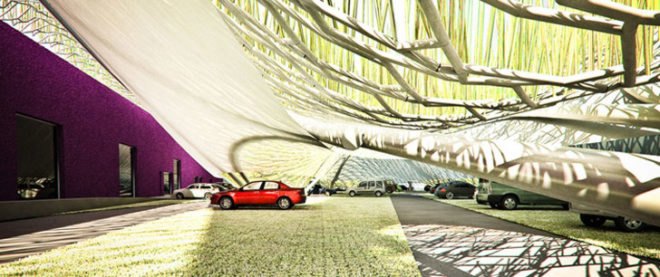 Emotioning Topography, Solar Parking Canopy, green parking structures, solar parking structures, solar powere parking structure, biomimicry, green architecture, disguincio & co