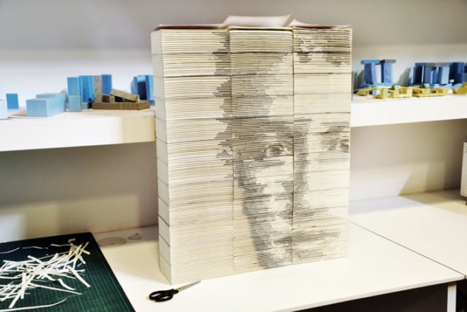 Art, Recycled Materials, Hong Yi, Red, Mark Zuckerberg, Facebook, books sculpture,