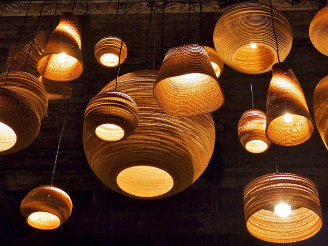 Scraplights, Graypants, scrap lights, recycled cardboard, recycled cardboard lights, green lighting