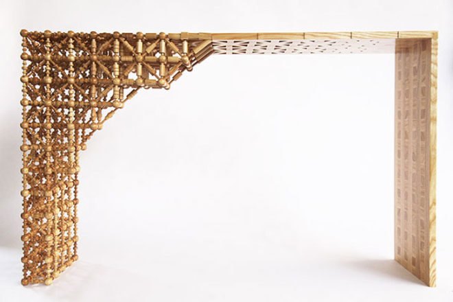 Mischer'traxler, Gradient Mashrabiya, oak, table, wooden table, Mashrabiyas, traditional crafts, Middle East, green furniture, Green Materials