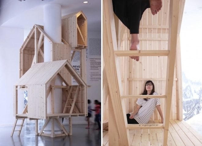 Worapong Manupipatpong, Shelter of Nostalgia, Politics of Me, Bangkok, Thailand, tree house, indoor treehouse, green design, sustainable design, temporary design, eco-design, recyclable materials, minimalist design