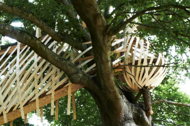 Dartmoor Treehouse, Jerry Tate Architects, dartmoor arts, treehouse, woven treehouse, student project
