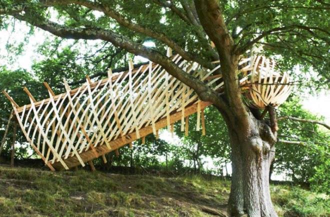 Dartmoor Treehouse, Jerry Tate Architects, dartmoor arts, treehouse, woven treehouse, student project
