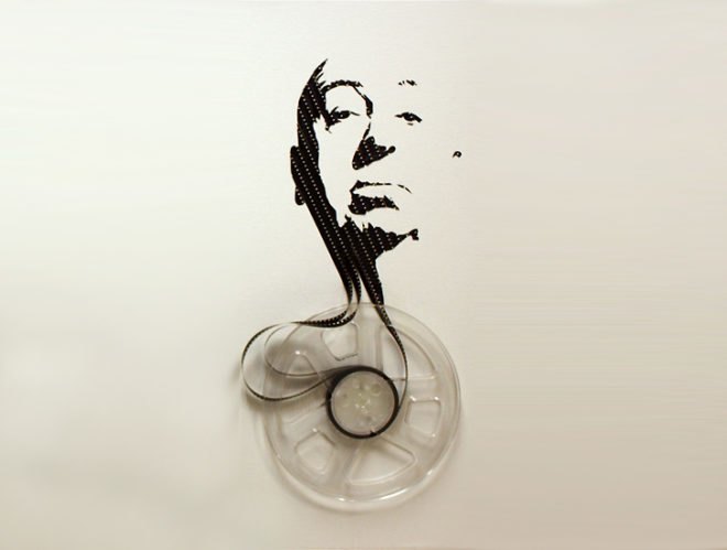 Portrait of Alfred Hitchcock, recycled cassette tape art, portrait of Alfred Hitchcock in tape, recycle art, eco art, upcycled cassettes, Erika Iris Simmons, Iri5, cassette art, tape art, Alfred Hitchcock