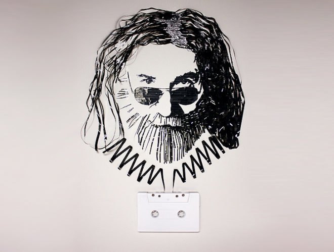 Portrait of Jerry Garcia, recycled cassette tape art, portrait of Jerry Garcie in tape,, recycle art, eco art, upcycled cassettes, Erika Iris Simmons, Iri5, cassette art, tape art, Jerry Garcia, Grateful Dead