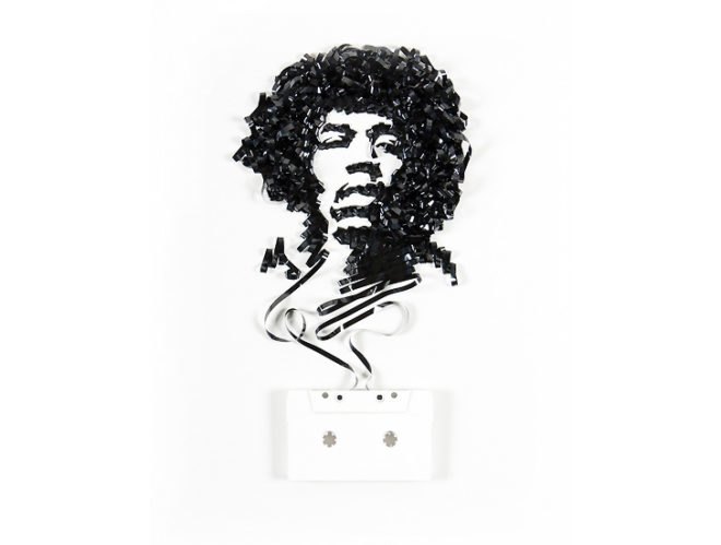 Portrait of Jimi Hendrix, recycled cassette tape art, portrait of Jimmy Hendrix in tape, recycle art, eco art, upcycled cassettes, Erika Iris Simmons, Iri5, cassette art, tape art, Jimi Hendrix
