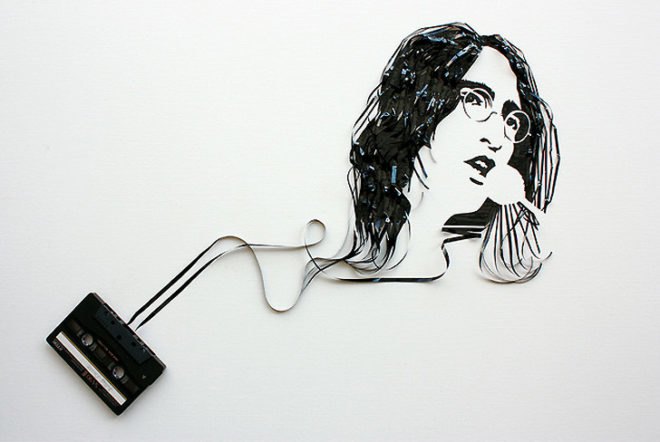 Portrait of John Lennon, recycled cassette tape art, portrait of John Lennon in tape, recycle art, eco art, upcycled cassettes, Erika Iris Simmons, Iri5, cassette art, tape art, John Lennon, The Beatles