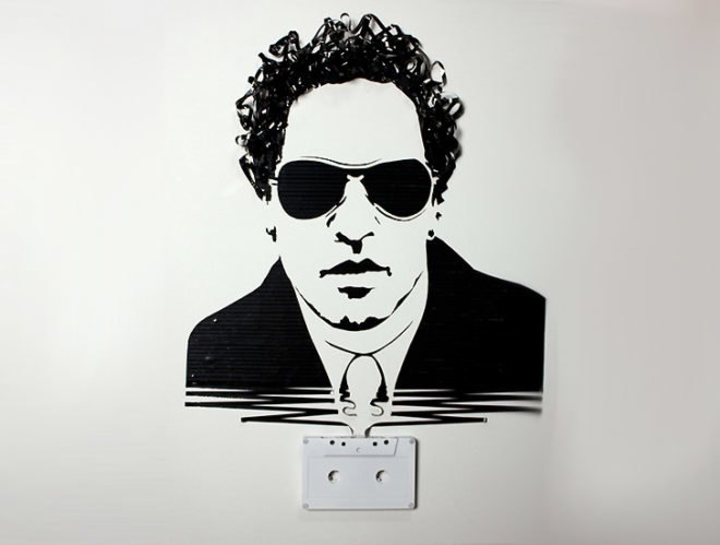 Portrait of Lenny Kravitz, recycled cassette tape art, portrait of Lenny Kravitz in tape, recycle art, eco art, upcycled cassettes, Erika Iris Simmons, Iri5, cassette art, tape art, Lenny Kravitz