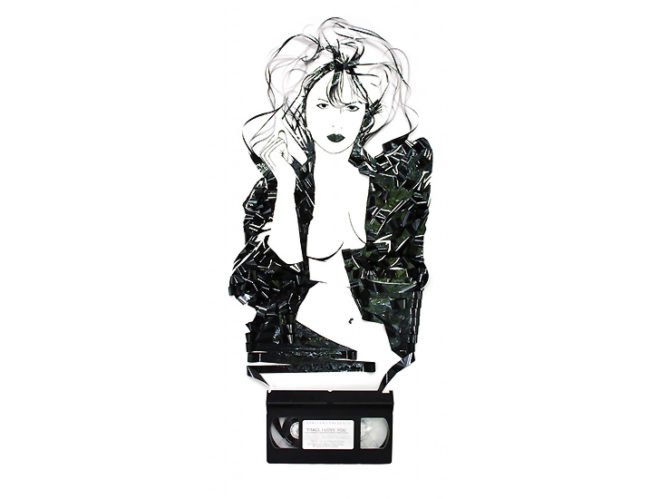 Portrait of Traci Lords, recycled cassette tape art, portrait of Traci Lords in tape, recycle art, eco art, upcycled cassettes, Erika Iris Simmons, Iri5, cassette art, tape art, Traci Lords