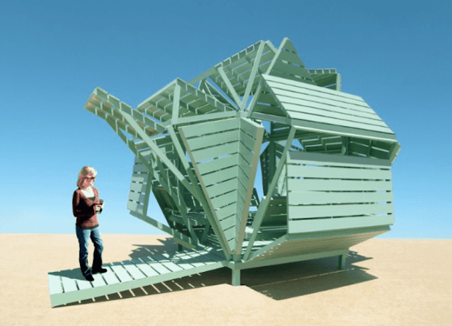 Michael Jantzen, M-Velope, Prefabricated design, green design, sustainable design, eco-design, shape-shifting, building regulations, wendy house