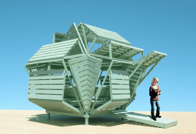 Michael Jantzen, M-Velope, Prefabricated design, green design, sustainable design, eco-design, shape-shifting, building regulations, wendy house