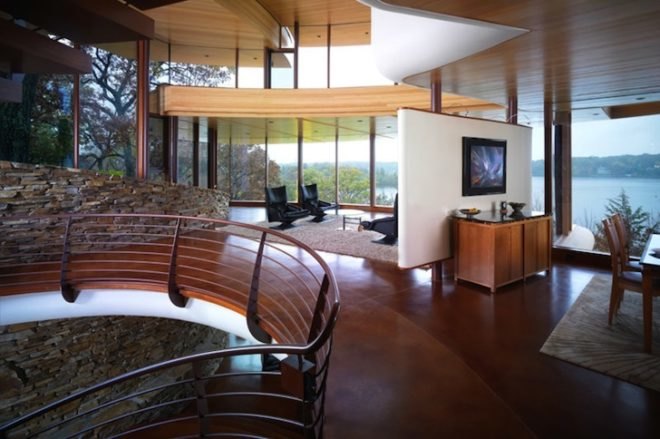 Robert Harvey Oshatz, architecture, natural materials, lakeside home, Wisconsin, curvilinear design, stone, green building, sustainable building, nature materials, eco-design, sustainable design, Chenequa Residence