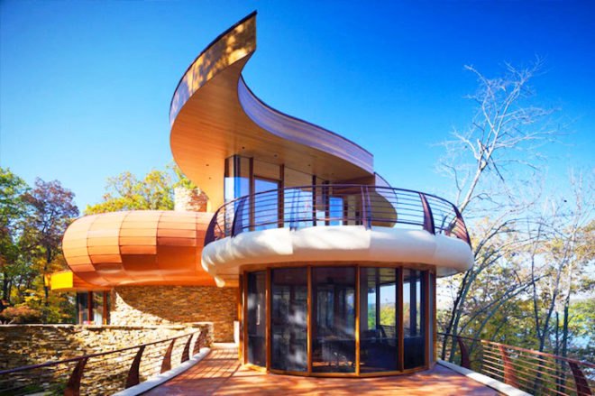 Robert Harvey Oshatz, architecture, natural materials, lakeside home, Wisconsin, curvilinear design, stone, green building, sustainable building, nature materials, eco-design, sustainable design, Chenequa Residence