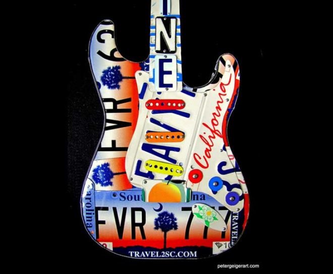 art, design, sculpture, recycling, upcycling, guitar, music, Peter Geiger, license plates, license tags, country music, Brad Paisley, Rascal Flatts