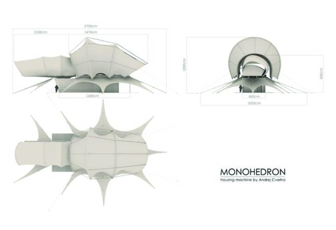 andrej cverha, monohedron, modular housing, prefab housing, customizability, toto twin lamps, aero unisex slippers, canvas, steel frame, bricks and mortar alternative, flexible housing, architecture