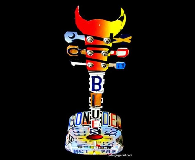art, design, sculpture, recycling, upcycling, guitar, music, Peter Geiger, license plates, license tags, country music, Brad Paisley, Rascal Flatts