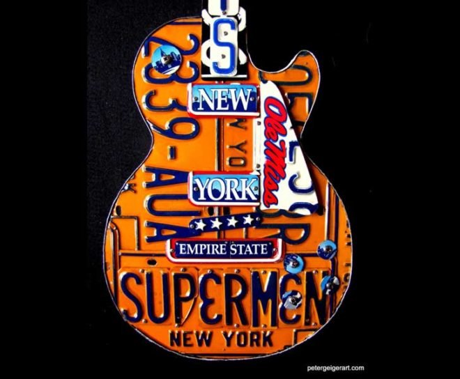 art, design, sculpture, recycling, upcycling, guitar, music, Peter Geiger, license plates, license tags, country music, Brad Paisley, Rascal Flatts