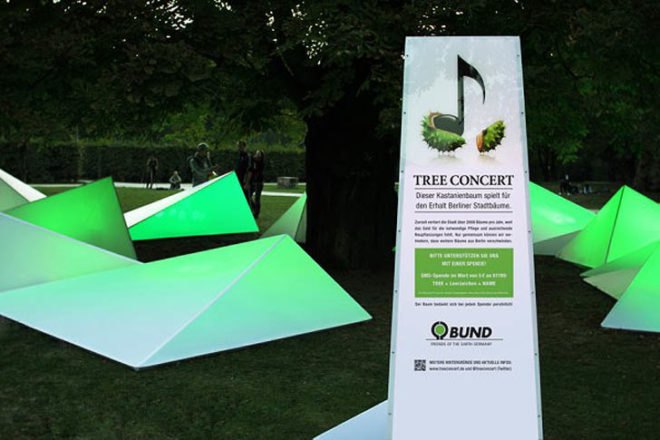 Eco design, Green Design, Sustainable design, Tree Concert, Berlin, Federal Environmental and Nature Conservation, BUND, BBDO Proximity Berlin, Gang of Berlin, Ketchum Pleon PR, LED Installation, Fernsehturn, interactive art installation