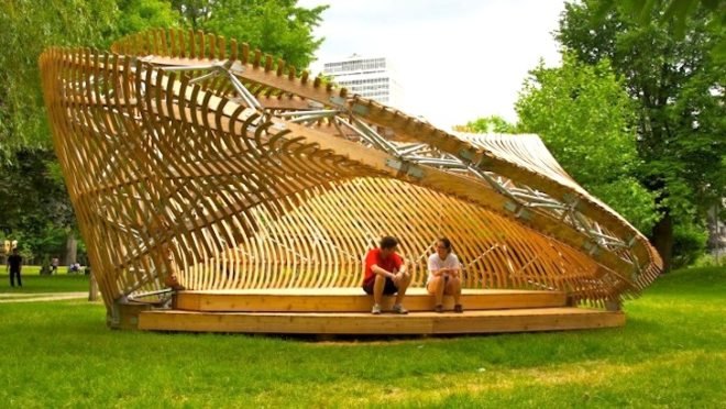 architecture, parametric design, mobius strip, moire lattice, pavilion, ContemPLAY, Montreal, Canada, local materials, digital design, green design, sustainable design, eco-design, McGill University