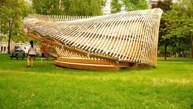 architecture, parametric design, mobius strip, moire lattice, pavilion, ContemPLAY, Montreal, Canada, local materials, digital design, green design, sustainable design, eco-design, McGill University