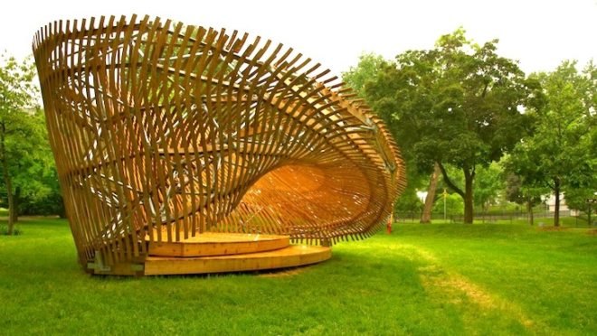architecture, parametric design, mobius strip, moire lattice, pavilion, ContemPLAY, Montreal, Canada, local materials, digital design, green design, sustainable design, eco-design, McGill University