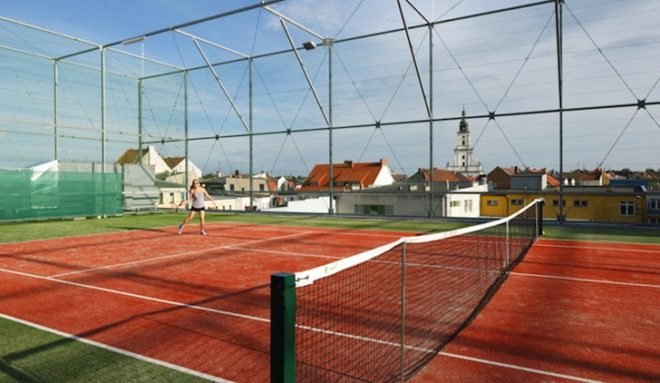 Pl.architekci, Fala Park, Poland, Brownfield reclamation, recreational center, daylight, brise-soleil, natural ventilation, green design, sustainable design, eco-design, Wilsztyn, Poland, rooftop tennis court