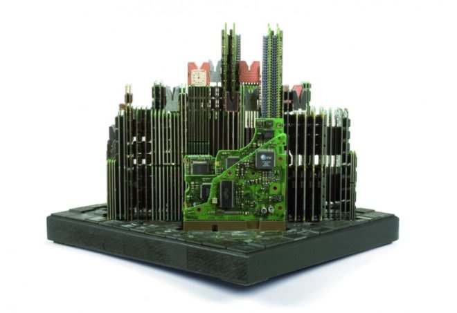 Franco Recchia, Central Park, NYC, city skylines, computer parts, recycling, upcycling, art, mixed media,