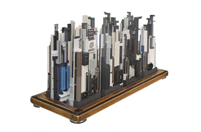 Franco Recchia, Central Park, NYC, city skylines, computer parts, recycling, upcycling, art, mixed media,