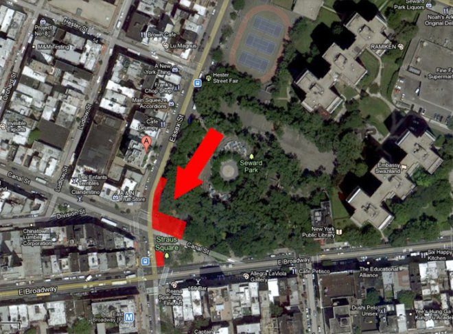 Proposed location for the Greyhound Bus Station at Seward Park, lower east side, chinatown bus, greyhound, greyhound bus, greyhound bus on lower east side, greyhound bus stop essex st, greyhound bus proposal, cb3 community board 3