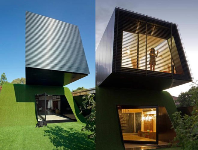 green design, eco design, sustainable design, Andrew Maynard Architects, cantilevers, louvers, artificial hill, HIll House