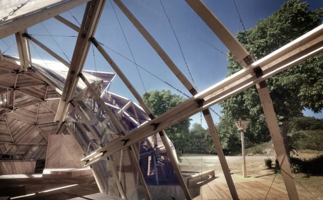 People Meeting Dome, Kristoffer Tejlgaard, Benny Jepsen, danish architecture, geodesic dome, deconstructed dome, timber lattice, prefab building