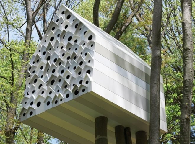 nendo, tree house, treehouses, sustainable design, green design, bird habitat, animals, green architecture, sustainable architecture, Bird-Apartment, Ando Momofuku Center, Komoro City, Japan
