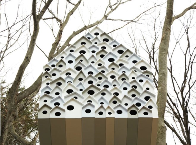 nendo, tree house, treehouses, sustainable design, green design, bird habitat, animals, green architecture, sustainable architecture, Bird-Apartment, Ando Momofuku Center, Komoro City, Japan