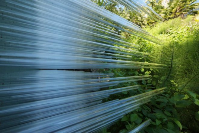 SOL Grotto, Rael San Fratello Architects, uc botanical gardens at berkeley, grotto, solyndra, reclaimed materials, glass rods
