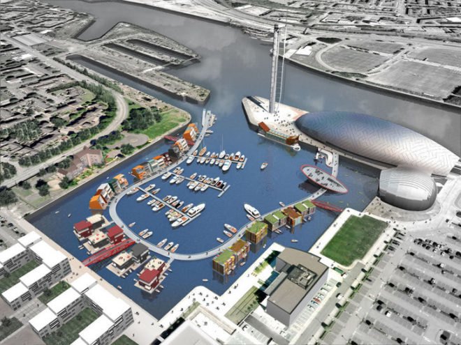 baca architects, zm architecture, canting basin, glasgow scotland, floating village, floating houses, riverr clyde