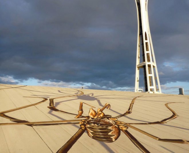 daddy long-legs, arachnids, mural, seattle center armory, marlin peterson, trompe l'oeil, seattle space needle