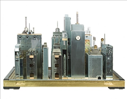 Franco Recchia, Central Park, NYC, city skylines, computer parts, recycling, upcycling, art, mixed media,