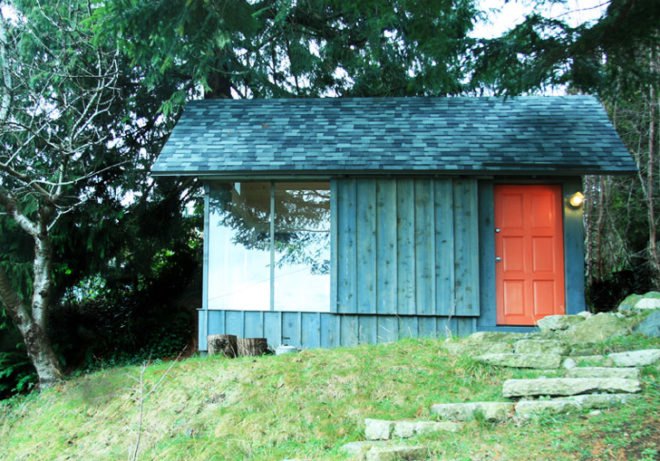 Hinterland Design, British Columbia houses, British Columbia architecture, Backyard cabin, backyard studio, shed studio, shed workspace, tiny footprint design, salvaged wood building, re-purposed wood, sustainable building, sustainable architecture