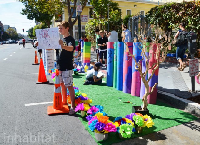 san francisco friends school, san francisco, park(ing) day, parking day, pop-up park, public space, urban design, green design, sustainable design, gardening, parking meter park, parklet, rebar studio, public art, urban intervention