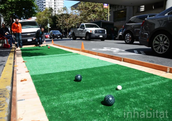 bocce ball, swa group, bentley reserve, san francisco, park(ing) day, parking day, pop-up park, public space, urban design, green design, sustainable design, gardening, parking meter park, parklet, rebar studio, public art, urban intervention, art