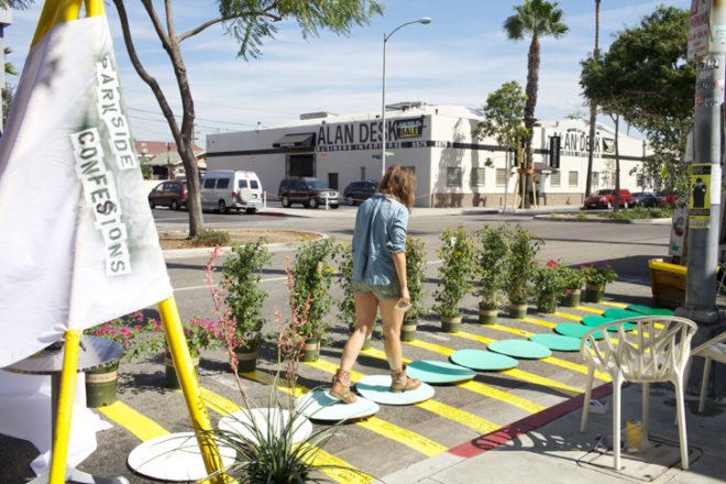 los angeles, Parkside Confessions, AHBE Landscape Architects, coolhaus, park(ing) day, parking day, pop-up park, public space, urban design, green design, sustainable design, gardening, parking meter park, parklet, rebar studio, public art, urban intervention