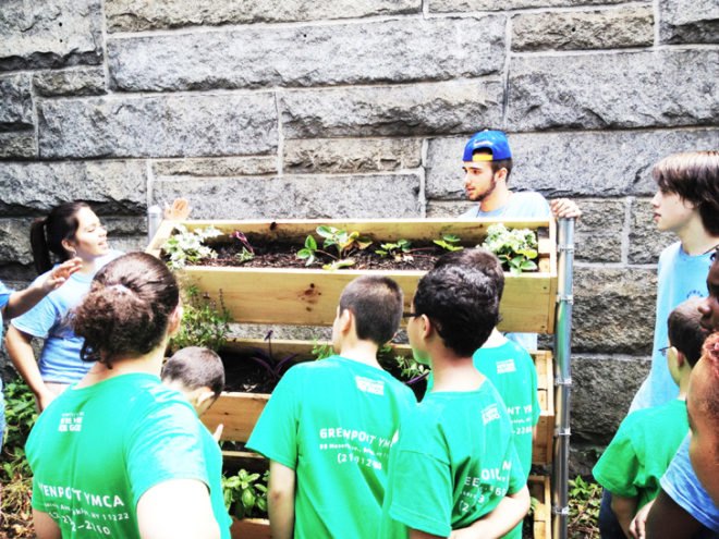 Solar One, SYSTEM, Greenpoint YMCA, Exxon Mobil, The Greenpoint YMCA and the NYU Wallerstein Collaborative for Urban Environmental Education, urban farming, community garden, brooklyn-area, greenpoint Brooklyn community garden, high school summer programs, energy programs for kids, gardening programs for kids, vertical garden, space conservation, urban gardening, new york city community gardens