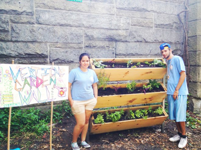 Solar One, SYSTEM, Greenpoint YMCA, Exxon Mobil, The Greenpoint YMCA and the NYU Wallerstein Collaborative for Urban Environmental Education, urban farming, community garden, brooklyn-area, greenpoint Brooklyn community garden, high school summer programs, energy programs for kids, gardening programs for kids, vertical garden, space conservation, urban gardening, new york city community gardens