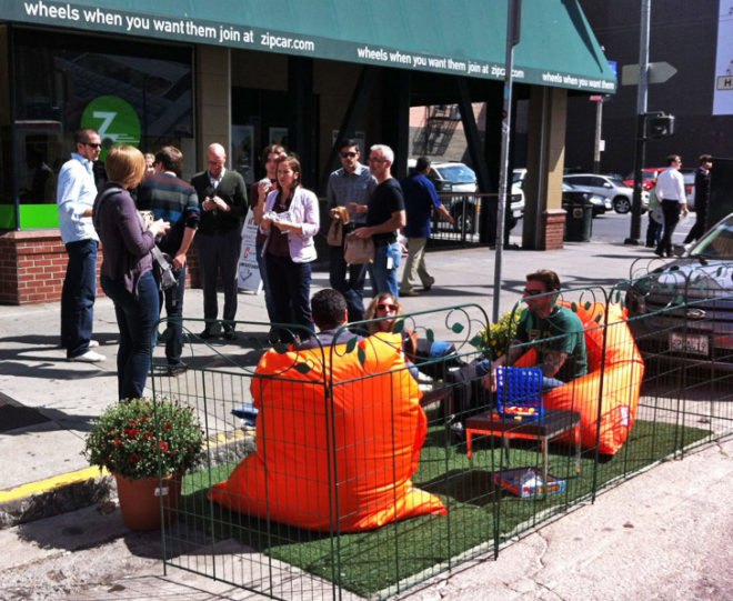 zipcar, san francisco, park(ing) day, parking day, pop-up park, public space, urban design, green design, sustainable design, gardening, parking meter park, parklet, rebar studio, public art, urban intervention