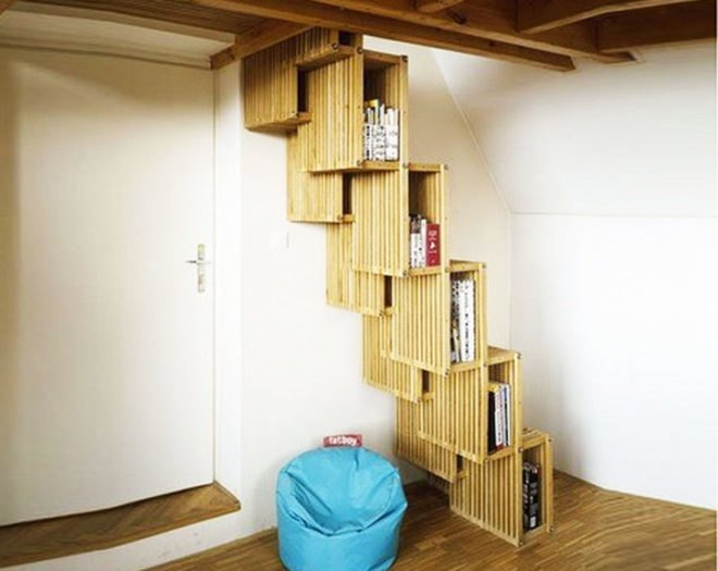 Slatted Bookshelf Staircase, Adam Jirkal, Jerry Koza, Thomas Kalhous, staircase, stairs, sustainable design, green design, green building, green architecture, sustainable architecture, eco stairs, stair porn, innovative staircases, imaginative staircases, multifunctional staircases, recycled staircase