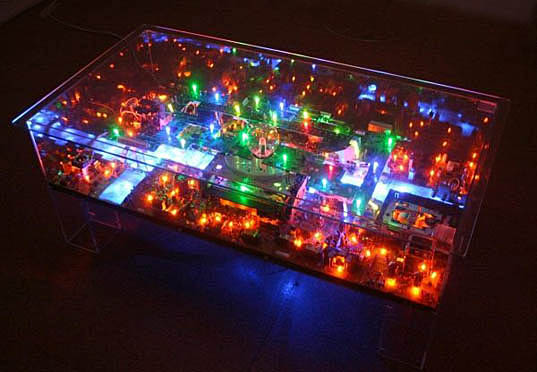 Electri-City Coffee Table, Benjamin Yates, recycled materials, recyclable design, green design, electronic waste, interactive furniture, acrylic tables, sustainable design