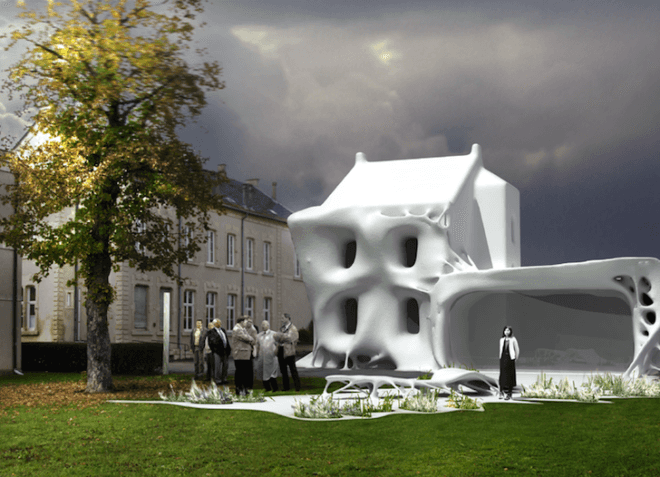 Prison, renovation, Berdaguer & Péjus, Gue(oh)st House, Marcel DuChamp, France, spooky house, halloween, house with a spooky white veil, green design, sustainable design, eco-design