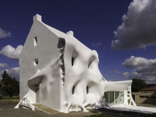 Prison, renovation, Berdaguer & Péjus, Gue(oh)st House, Marcel DuChamp, France, spooky house, halloween, house with a spooky white veil, green design, sustainable design, eco-design