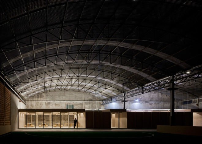 Comoco Architects, Portugal, N10 Sports Facility, Coimbra, Soccer, renovation, warehouse, interior space, soccer field, MDF boards,